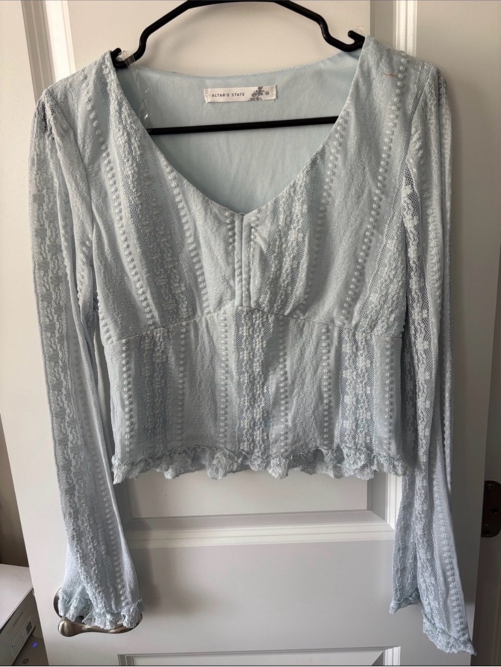 Altar'd State Pale Blue Lace V-Neck Long Sleeve Crop Top